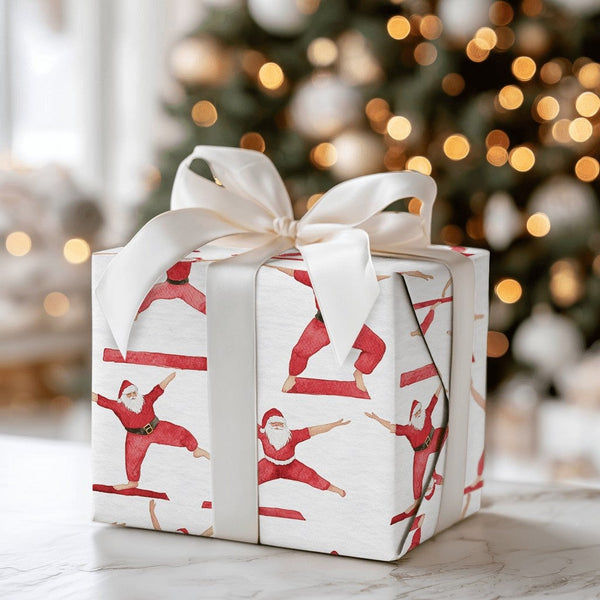 Humorous Fitness Santa Wrapping Paper, Yoga Poses Santa Wrapping Paper, Holiday Yogi Christmas Wrapping Paper, Namaste Santa 