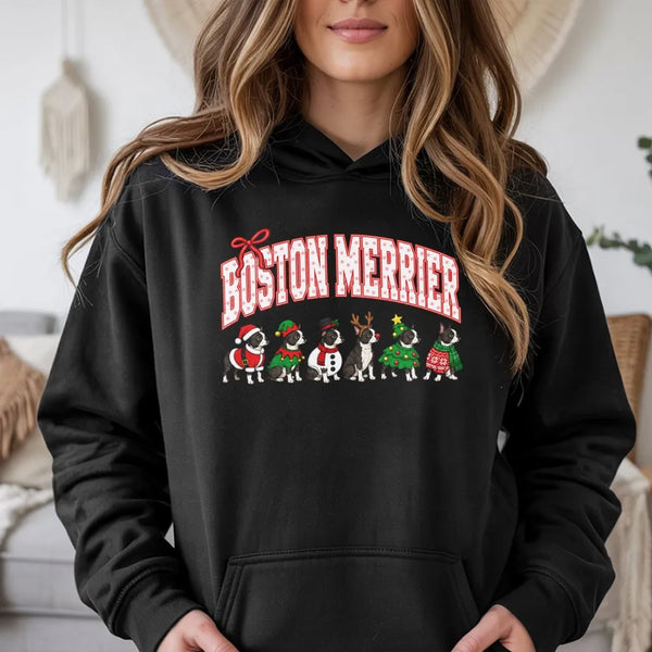 Festive Dog Holiday Hoodie, Boston Terrier Christmas Hoodie, Retro Christmas Dog Hooded Sweatshirt, Adorable Xmas Dog Lover P