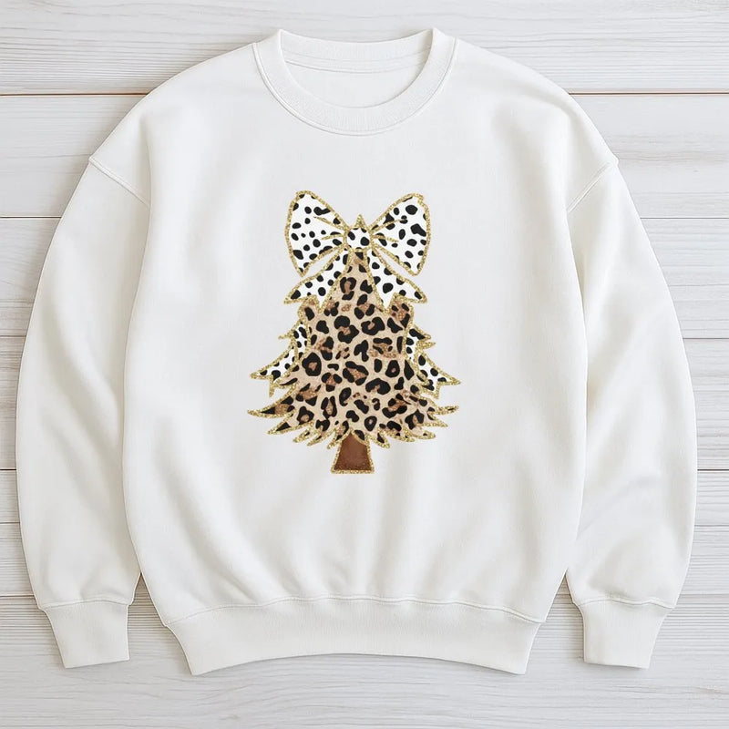 Trendy Holiday Bow Sweatshirt, Leopard Christmas Tree Sweatshirt, Adorable Xmas Tree Sweatshirt, Preppy Winter Pullover, Womens Christmas Present