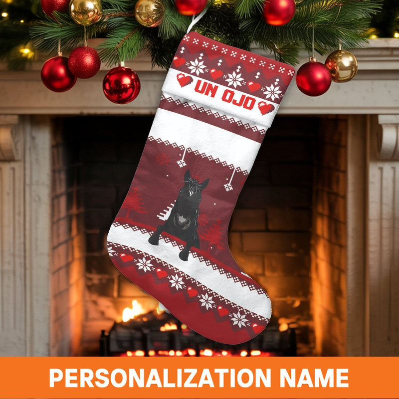 Nordic Pattern Holiday Stocking, Personalized Black Horse Christmas Stocking, Equestrian Xmas Stocking, Velboa Mantle Decor