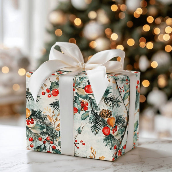 Watercolor Pine Branch Gift Wrap, Vintage Holly Berry Christmas Wrapping Paper, Winter Botanical Wrapping Paper, Festive Flor