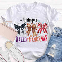 Halloween Thanksgiving Christmas Shirt, Happy Hallothanksmas Bow T-Shirt, Humorous Fall Holiday Mashup Graphic Tee, Autumn Coquette Top