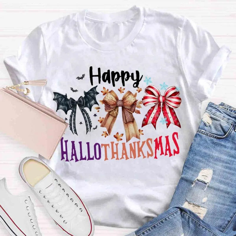 Halloween Thanksgiving Christmas Shirt, Happy Hallothanksmas Bow T-Shirt, Humorous Fall Holiday Mashup Graphic Tee, Autumn Coquette Top
