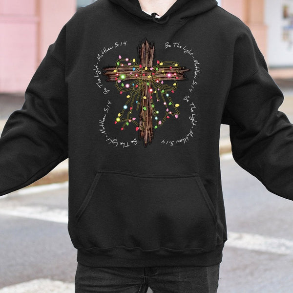 Christmas Lights Cross Sweatshirt, Be the Light Matthew 5:14 Hoodie, Christian Bible Verse Pullover, Religious Holiday Faith 