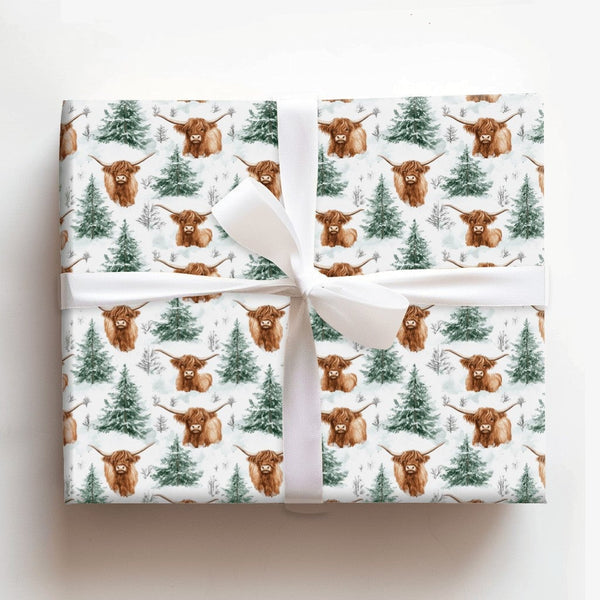 Snowy Pine Christmas Gift Wrap, Highland Cow Wrapping Paper, Scottish Cattle Winter Wrapping Paper, Rustic Farmhouse Holiday 