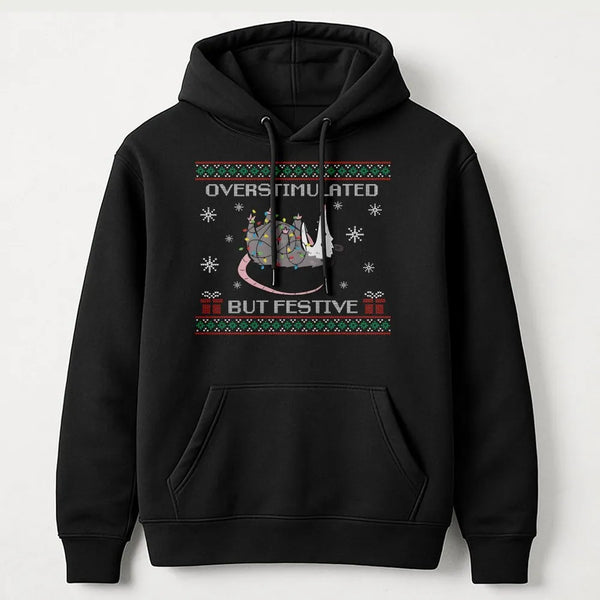 Humorous Christmas Lights Sweatshirt, Overstimulated but Festive Possum Hoodie, Quirky Holiday Pullover, Adorable Possum Wint