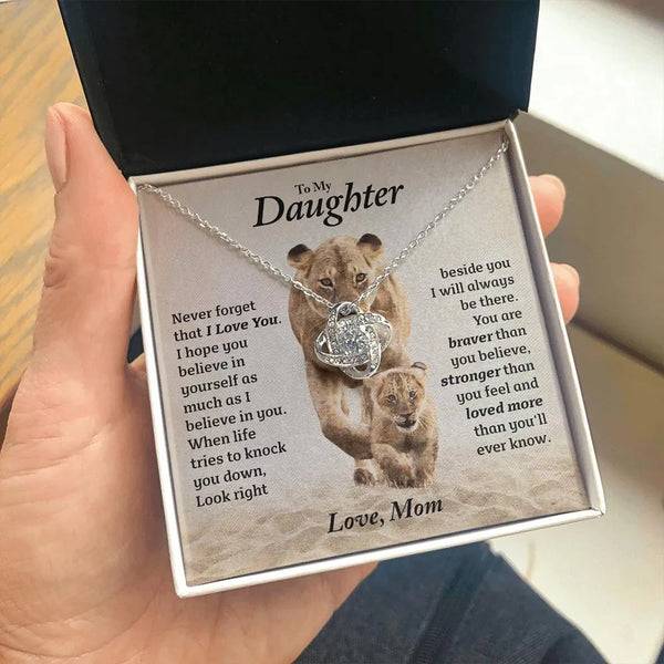 Lion Mother and Baby Card Necklace, Daughter Love Knot Necklace, 14k White Gold Pendant Necklace, Christmas Present for Daugh