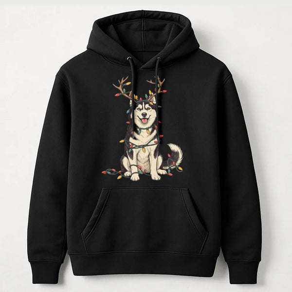 Reindeer Antler Dog Hooded Sweatshirt, Christmas Lights Husky Hoodie, Siberian Husky Pullover, Humorous Holiday Dog Sweater, 