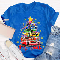 Custom Name Holiday Shirt, Personalized Christmas Tree T-Shirt, Colorful Crayon Snowflake Graphic Tee, Kids Family Christmas Tee
