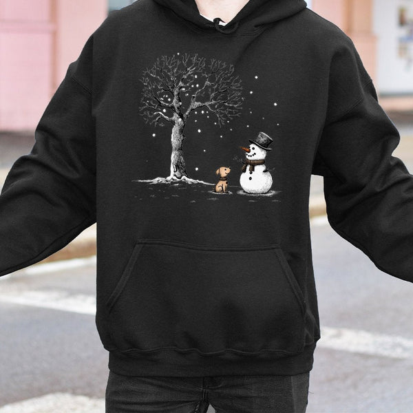Adorable Winter Dog Hooded Sweatshirt, Snowman and Puppy Hoodie, Festive Christmas Hoodie, Winter Animal Graphic Pullover, Do