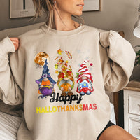Halloween Thanksgiving Christmas Sweater, Hallothanksmas Gnome Sweatshirt, Adorable Trio Holiday Gnome Crewneck, Comfy Fall Winter Pullover