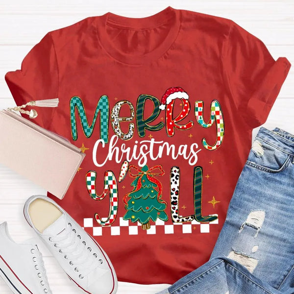 Colorful Christmas Tree Typography Tee, Merry Christmas Y'all Shirt, Southern Holiday Graphic T-Shirt, Family Xmas Apparel Pr