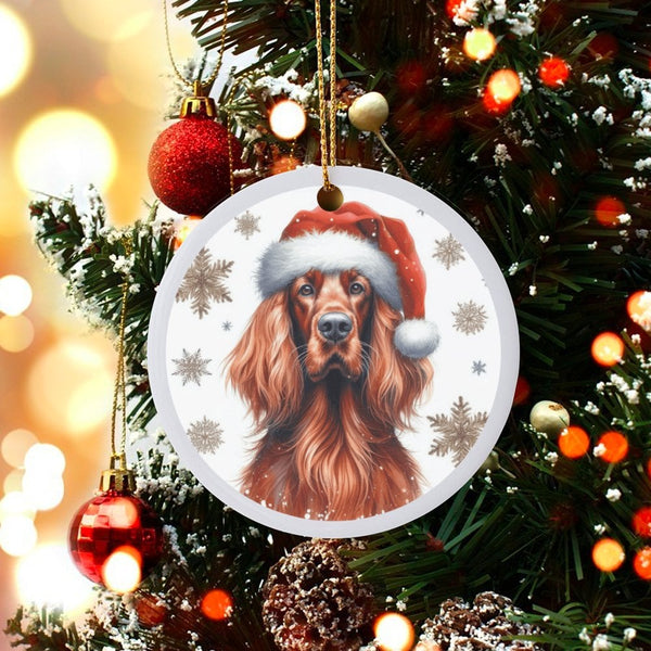 Santa Hat Dog Ornament, Irish Setter Christmas Ornament, Festive Puppy Ceramic Ornament, Pet Lover Xmas Tree Decor, Holiday K