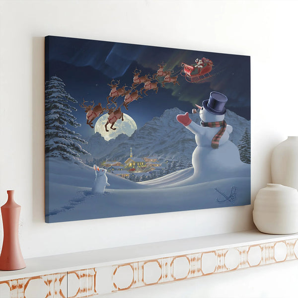 Magical Winter Village Canvas Painting, Santa Sleigh Christmas Canvas Wall Art, Northern Lights Canvas Print, Holiday Home De