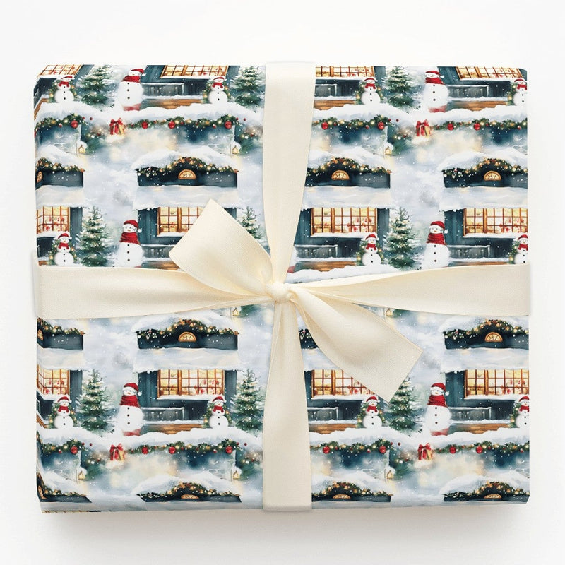 Festive Holiday Gift Wrap, Snowman Winter Village Christmas Wrapping Paper, Adorable Snowmen Scene Wrapping Paper, Winter Gift Wrap Roll
