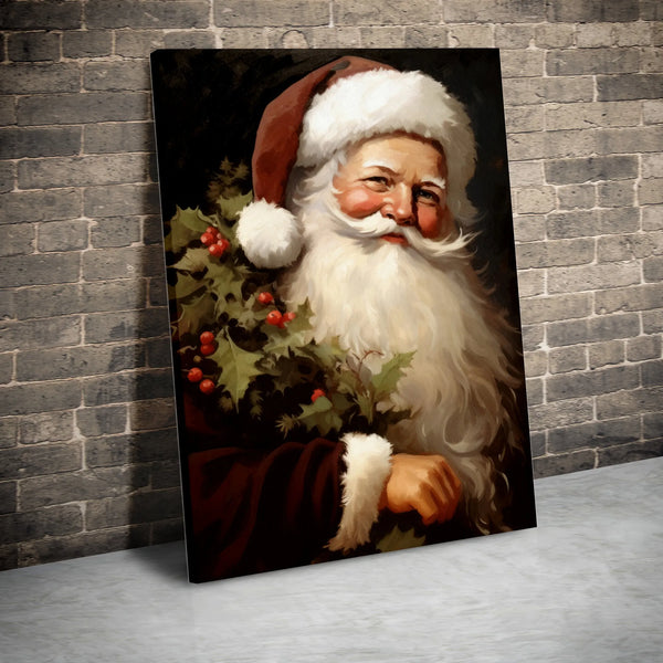 Classic Holly Christmas Canvas Print, Vintage Santa Claus Canvas Wall Art, Retro Holiday Portrait Canvas, Festive Xmas Decor,