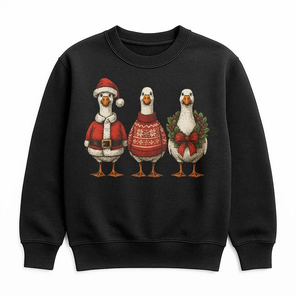 Humorous Santa Hat Goose Sweater, Christmas Goose Sweatshirt, Holiday Goose Trio Crewneck, Adorable Winter Animal Pullover, X