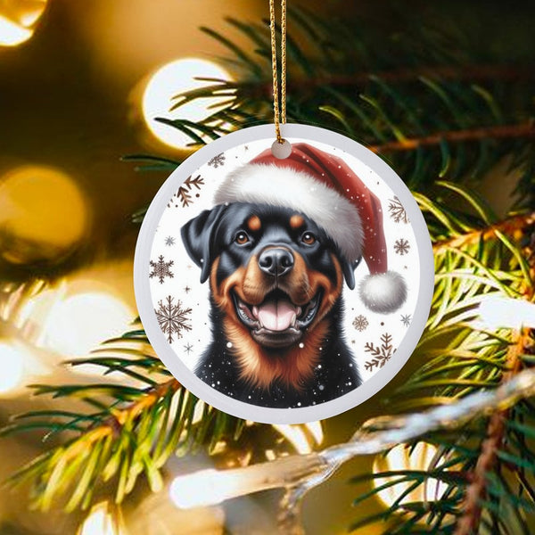 Santa Hat Dog Ceramic Ornament, Rottweiler Christmas Ornament, Adorable Puppy Holiday Tree Ornament, Pet Keepsake, Dog Lover 