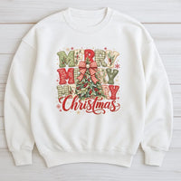Plaid Christmas Tree Sweater, Merry Merry Merry Christmas Sweatshirt, Vintage Holiday Crewneck, Rustic Christmas Pullover, Womens Xmas Present