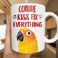 Adorable Christmas Parrot Coffee Cup, Sun Conure Kisses Fix Everything Ceramic Mug, Bird Mom Bird Dad Mug, Tropical Pet Bird Lover Present