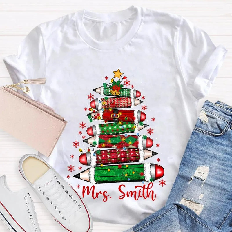 Custom Name Christmas Tree Shirt, Personalized Christmas Tree T-Shirt, Colored Pencil Christmas Tree Tee, Holiday Teacher Xmas Shirt