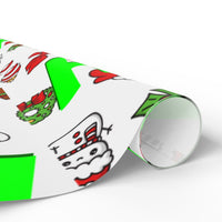 Festive Holiday Icons Gift Wrap, Green Joy Christmas Wrapping Paper, Xmas Pattern Wrapping Paper, Seasonal Holiday Gift Wrapping Paper Roll