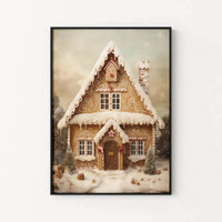Vintage Christmas Holiday Poster, Gingerbread House Wall Art, Watercolor Winter Village Art Print, Comfy Xmas Home Decor Present