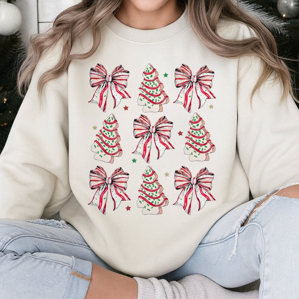 Coquette Bow Holiday Crewneck, Christmas Tree Cake Sweatshirt, Aesthetic Xmas Tree Snack Sweatshirt, Vintage Winter Pullover 