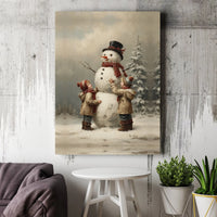 Children Building Snowman Winter Canvas, Vintage Snowman Canvas Wall Art Print, Christmas Holiday Canvas Poster, Digital Download