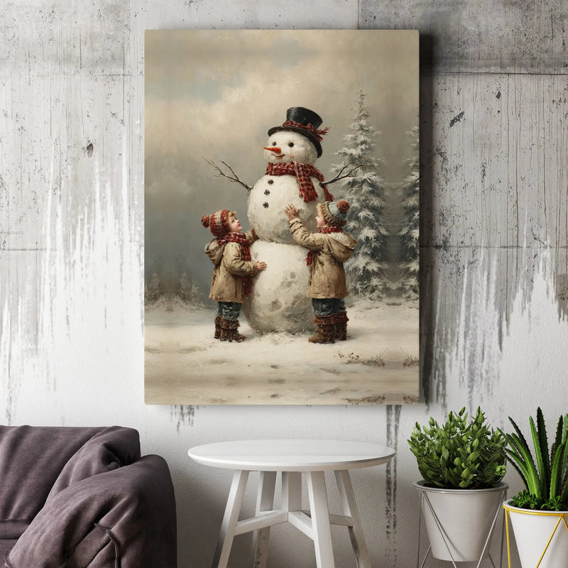 Children Building Snowman Winter Canvas, Vintage Snowman Canvas Wall Art Print, Christmas Holiday Canvas Poster, Digital Download