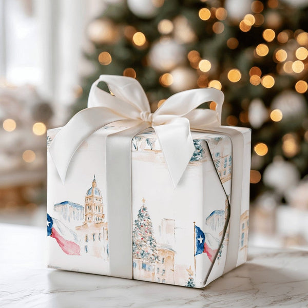 Watercolor State Capitol Holiday Gift Wrap, Texas Flag Christmas Wrapping Paper, Lone Star State Wrapping Paper Roll, Souther