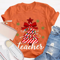 Bow Christmas Tree Colorful Lights Graphic Tee, Teacher Christmas T-Shirt, Festive Holiday Educator Shirt, Xmas Present