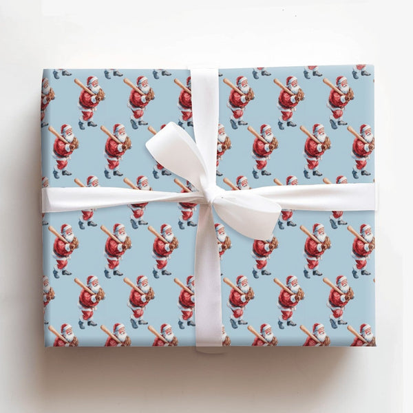 Sports Holiday Gift Wrap, Baseball Santa Christmas Wrapping Paper, Batter Santa Claus Gift Wrapping Paper, Baseball Fan Holid