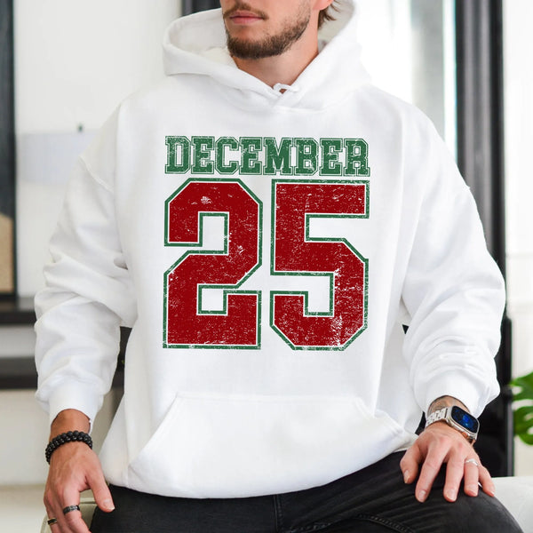 Retro Christmas Date Varsity Sweatshirt, December 25 Hoodie, Vintage Xmas Holiday Hooded Pullover, Christmas Season Casual Ho