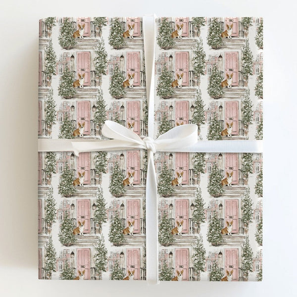 Adorable Dog Holiday Wrapping Paper, Christmas Corgi Wrapping Paper, Pink Door Winter Gift Wrap, Festive Puppy Paper