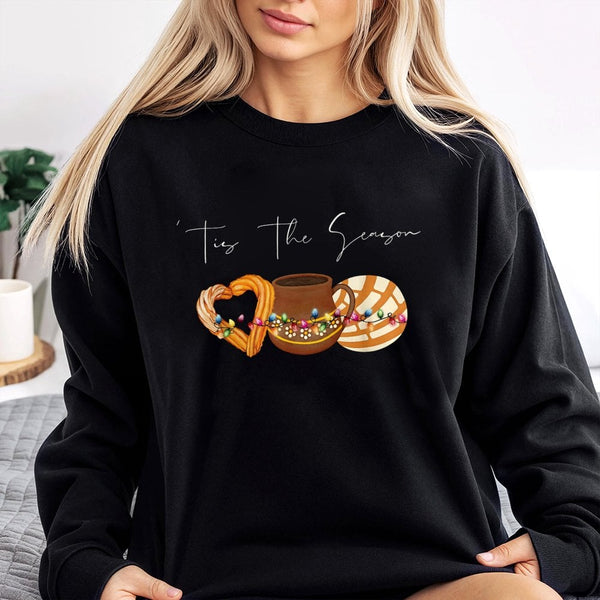 Concha and Churro Foodie Sweatshirt, Tis the Season Mexican Christmas Sweatshirt, Adorable Latina Xmas Crewneck, Holiday Food