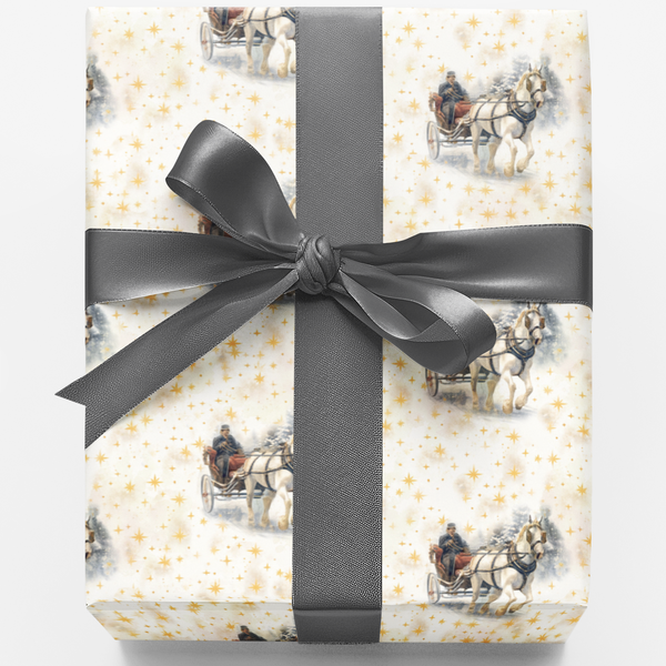 Winter Horse Christmas Gift Wrap, Vintage Sleigh Ride Wrapping Paper, Retro Snowy Sleigh Present Wrap, Nostalgic Holiday Gift