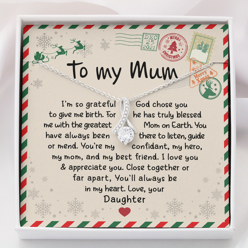 Cubic Zirconia Ribbon Pendant Necklace, To My Mum Necklace, 14k White Gold Finish Necklace, Mother Daughter Jewelry, Christmas Present for Mum