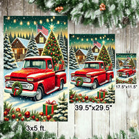 Winter Farmhouse Snow Scene Yard Flag, Vintage Red Pickup Truck Christmas Garden Flag, Double Sided Holiday Lawn Flag, Xmas Yard Decor
