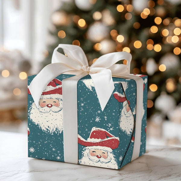 Rustic Teal Christmas Gift Wrap, Western Cowboy Santa Wrapping Paper, Country Santa Claus Wrapping Paper, Snowy Holiday Gift 