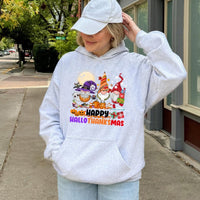 Humorous Gnome Pumpkin Santa Sweatshirt, Hallothanksmas Hoodie, Halloween Thanksgiving Christmas Pullover, Adorable Autumn Winter Holiday Hoodie