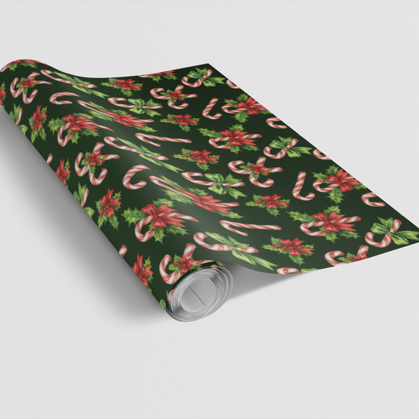 Holly Holiday Gift Wrap, Watercolor Candy Cane Christmas Wrapping Paper, Festive Xmas Present Wrapping Paper, Winter Season G