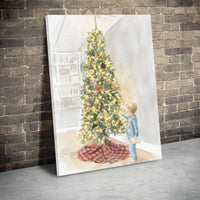 Child in Pajamas Holiday Wall Art, Christmas Tree Watercolor Canvas Print, Christmas Nursery Canvas Decor, Holiday Canvas, Digital Download