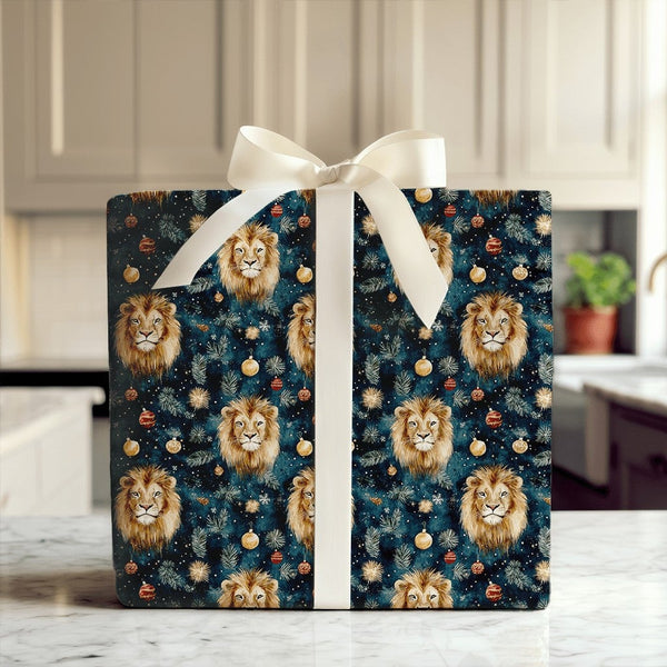 Dark Teal Holiday Gift Wrap, Watercolor Lion Christmas Wrapping Paper, Wild Animal Xmas Wrapping Paper, Festive Baubles Chris