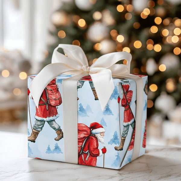 Watercolor Outdoor Santa Wrapping Paper, Hiking Santa Christmas Wrapping Paper, Winter Hiker Claus Wrapping Paper, Nature Lov