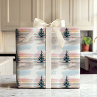 Sunset Beach Holiday Gift Wrap, Coastal Christmas Tree Wrapping Paper, Watercolor Ocean Scene Wrapping Paper, Seaside Gift Wrap Roll