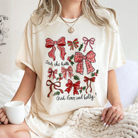 Festive Holly Pattern Graphic Tee, Christmas Bows T-Shirt, Adorable Coquette Xmas Shirt, Retro Holiday Aesthetic Top, Present for Her