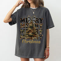 Leopard Bow Holiday Tree Graphic Shirt, Camo Merry Christmas T-Shirt, Rustic Western Xmas Tee, Southern Winter Holiday Shirt for Women