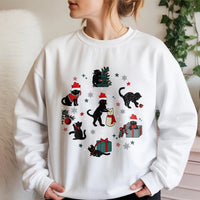 Santa Hat Kittens Holiday Sweater, Christmas Black Cat Sweatshirt, Festive Cat Lover Crewneck Sweatshirt, Comfy Winter Xmas Present Sweatshirt