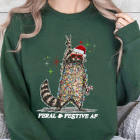 Tangled Lights Holiday Crewneck, Feral and Festive Raccoon Christmas Sweatshirt, Humorous Animal Xmas Pullover, Ugly Christmas Party Sweater